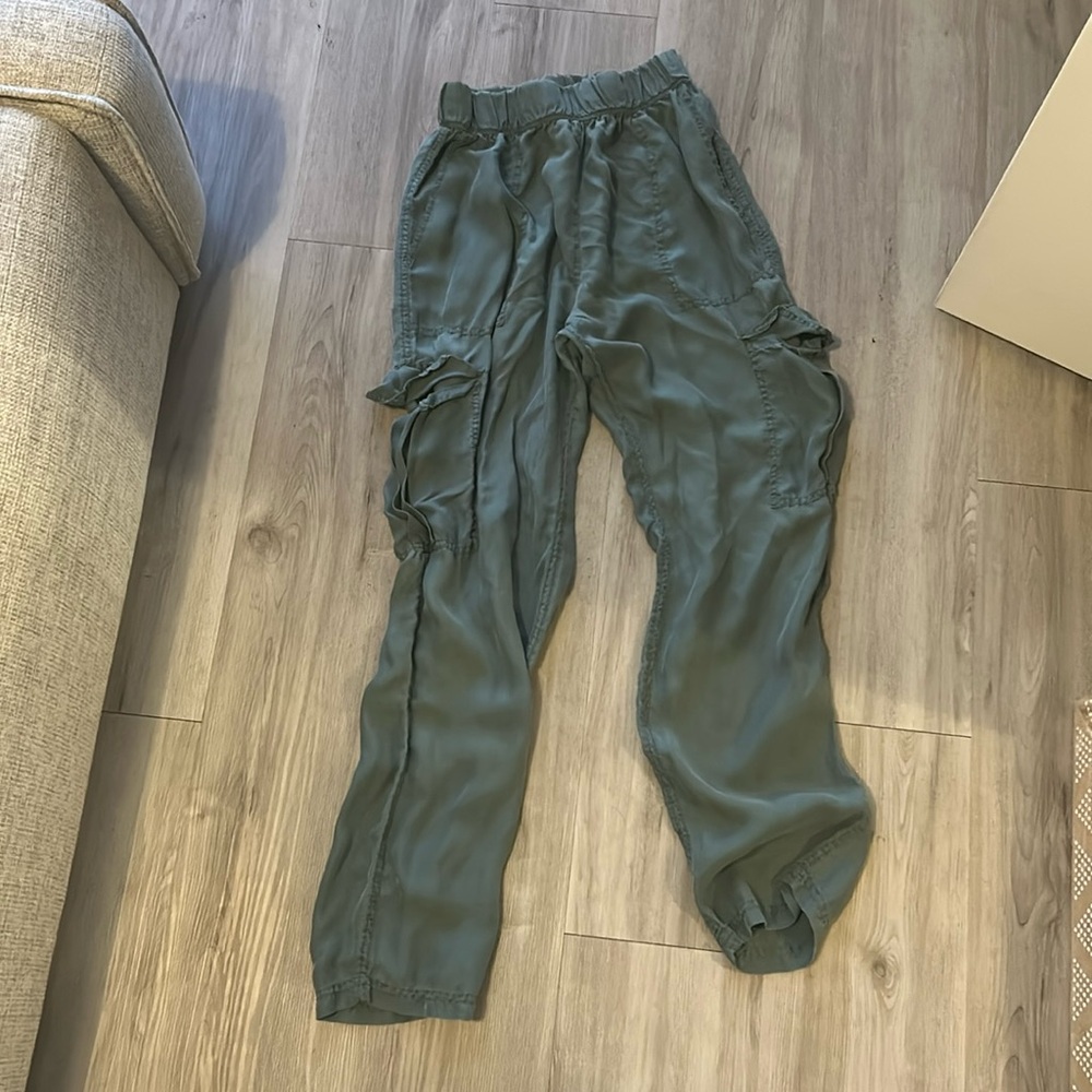 Green silk straight leg pants